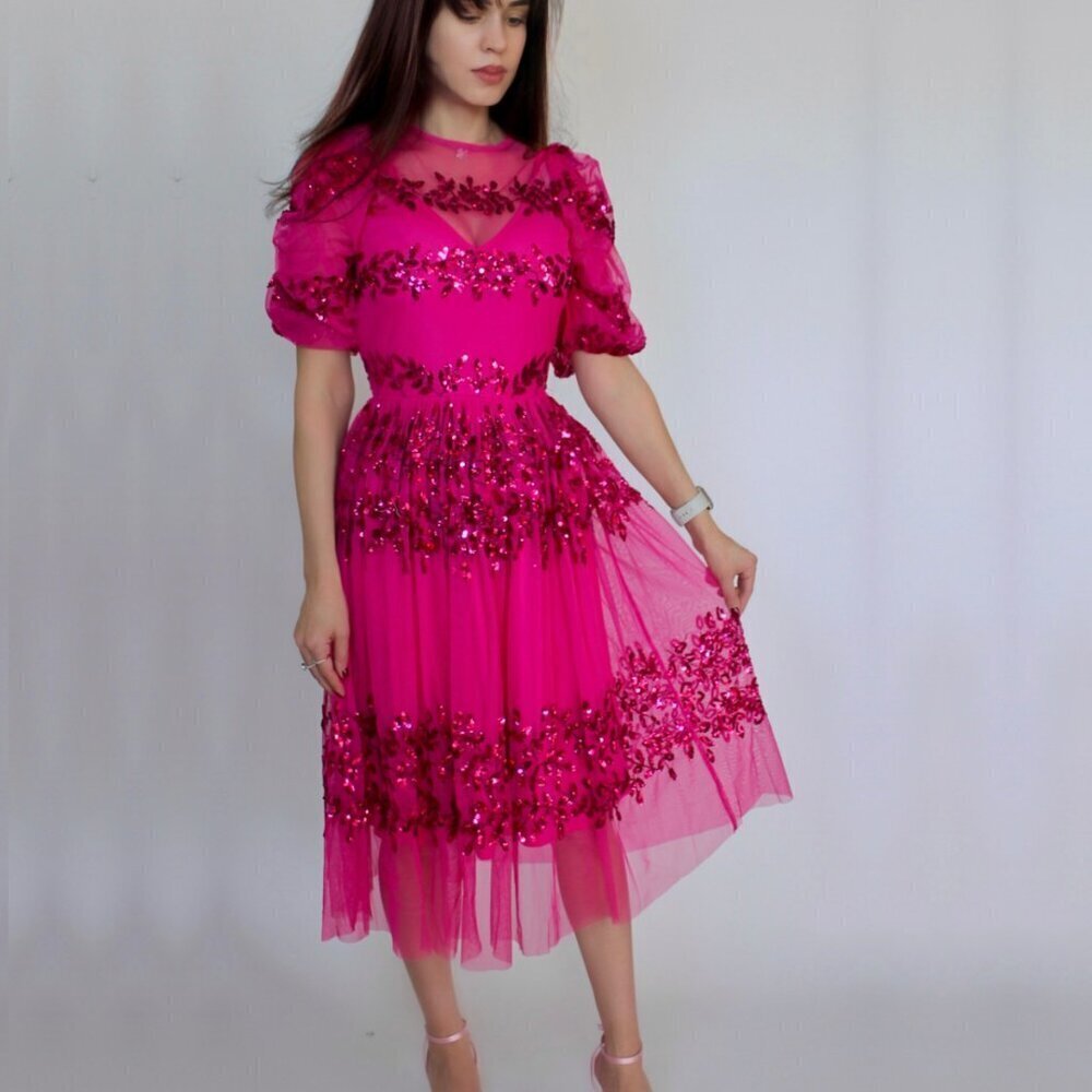 Sequin Hot Pink Midi Spring Dress
